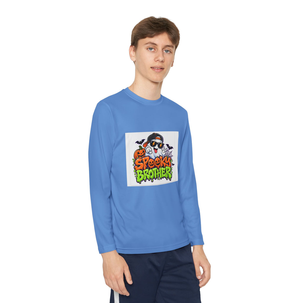 Youth Long Sleeve Tee — "Spooky Brother" Halloween Ghost Graphic