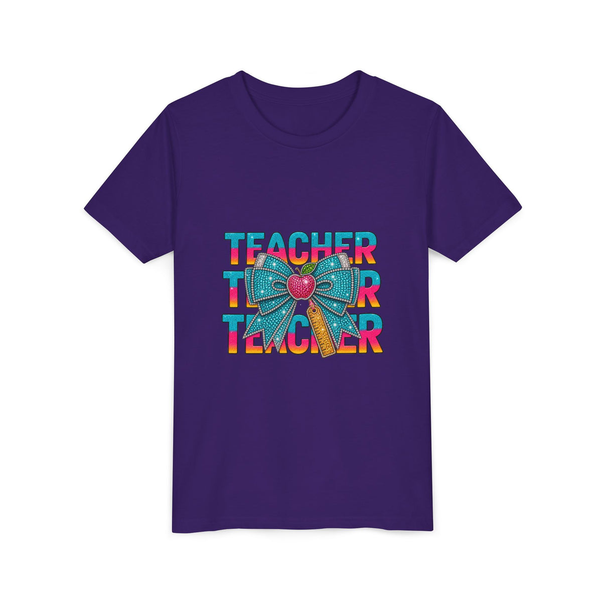 Youth Teacher Tee — Colorful Retro "Teacher" Text with Bow Pencil Graphic