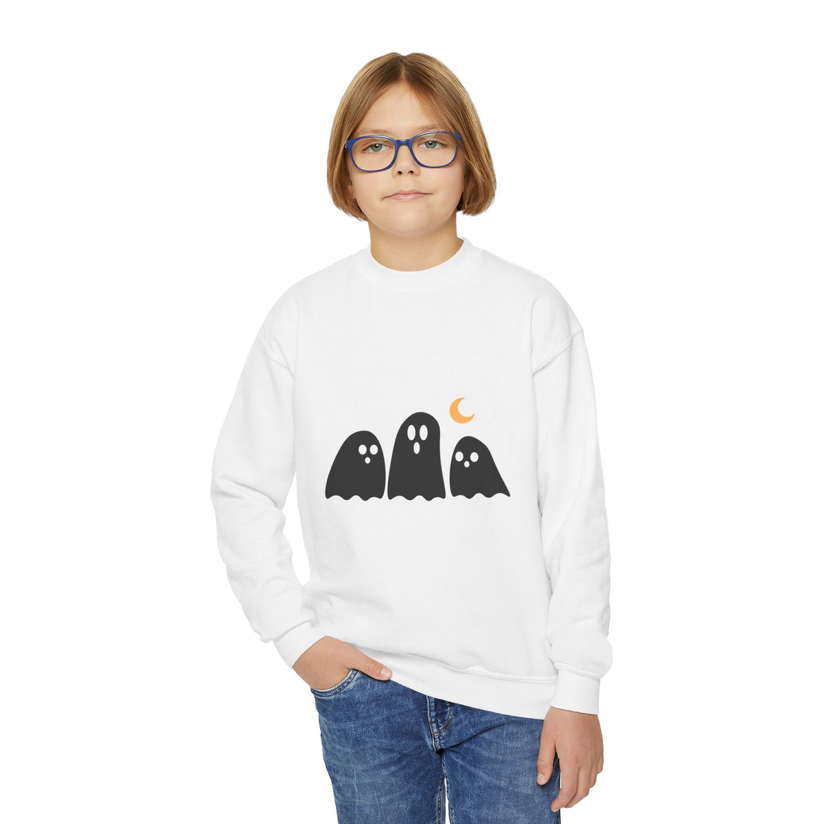 Youth Crewneck Sweatshirt — Cute Ghost Trio with Crescent Moon (Kids' Halloween Pullover)