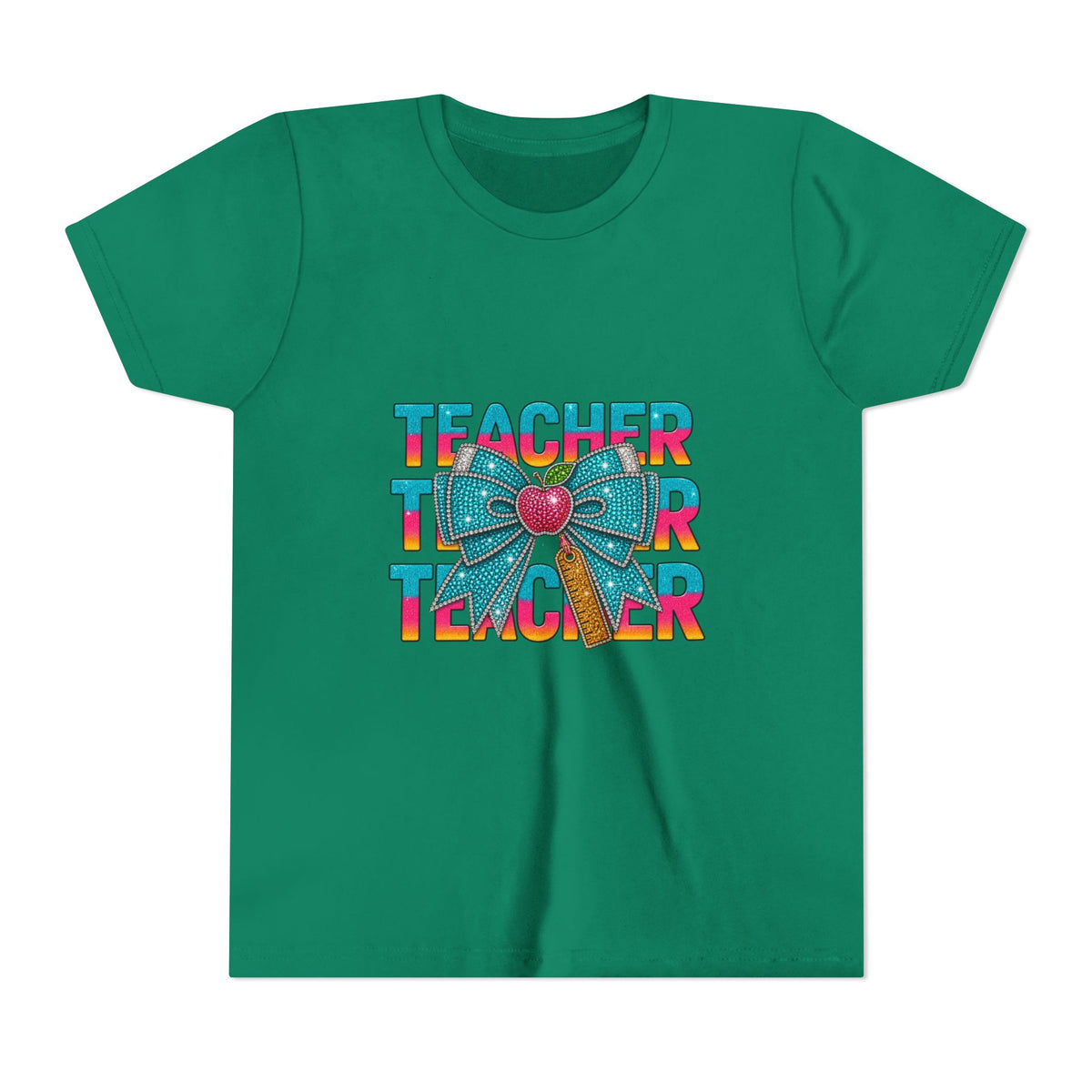 Youth Teacher Tee — Colorful Retro "Teacher" Text with Bow Pencil Graphic