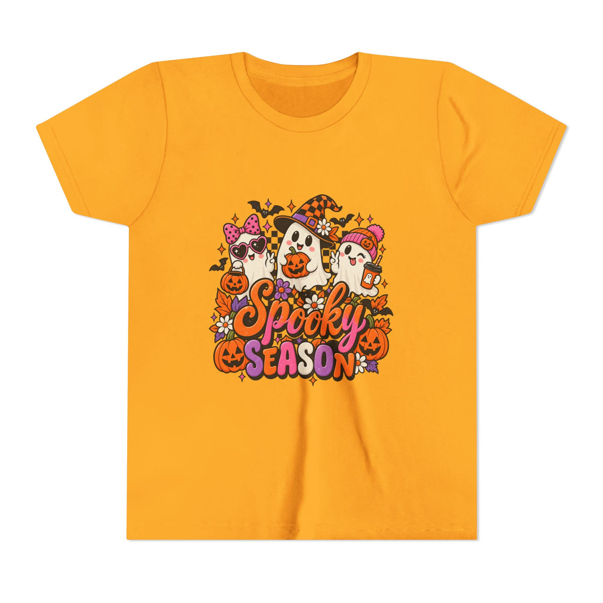 Youth Halloween Tee - "Spooky Season" Ghosts & Pumpkins Graphic Shirt