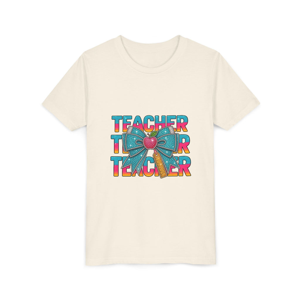Youth Teacher Tee — Colorful Retro "Teacher" Text with Bow Pencil Graphic