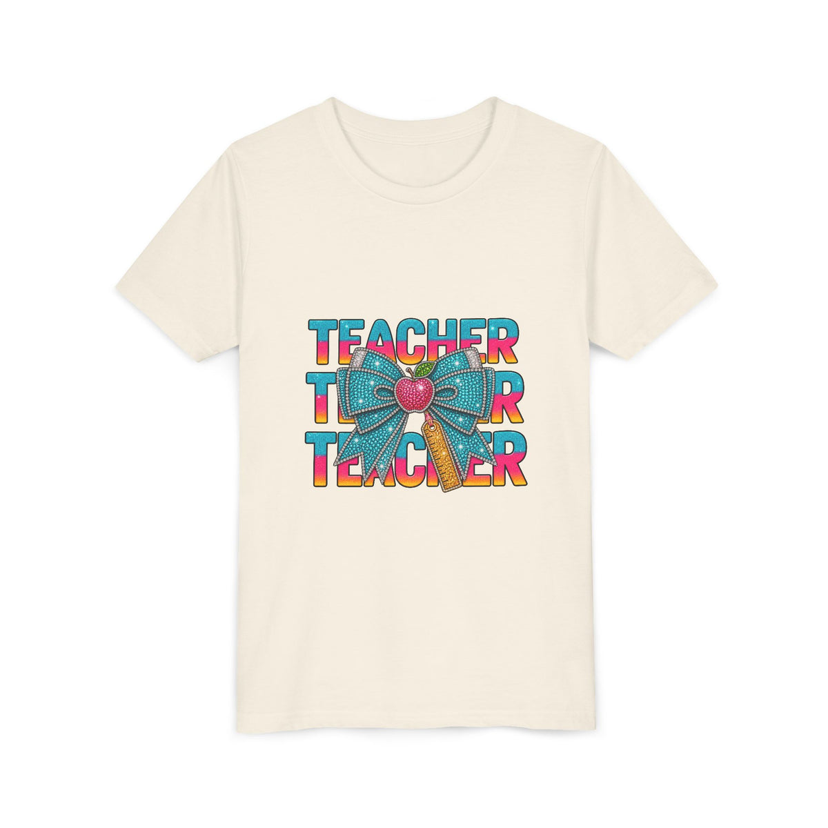 Youth Teacher Tee — Colorful Retro "Teacher" Text with Bow Pencil Graphic