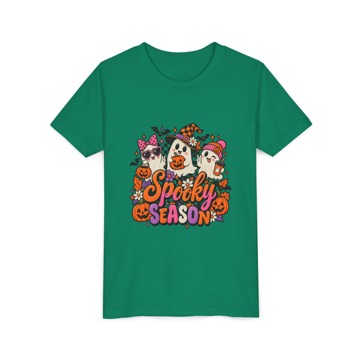 Youth Halloween Tee - "Spooky Season" Ghosts & Pumpkins Graphic Shirt