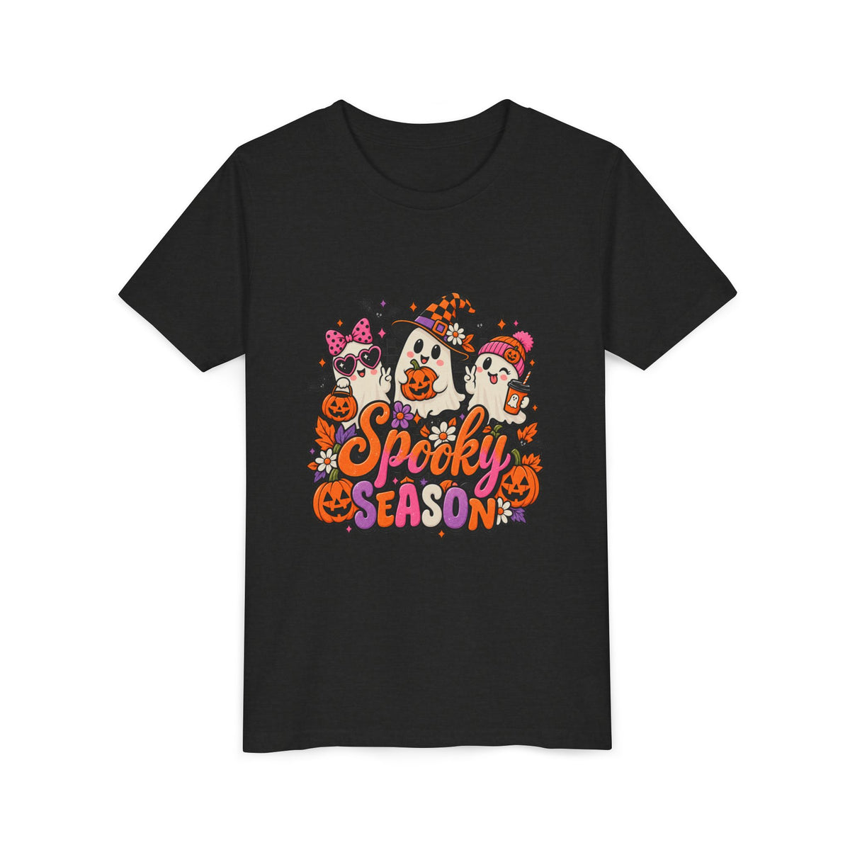 Youth Halloween Tee - "Spooky Season" Ghosts & Pumpkins Graphic Shirt