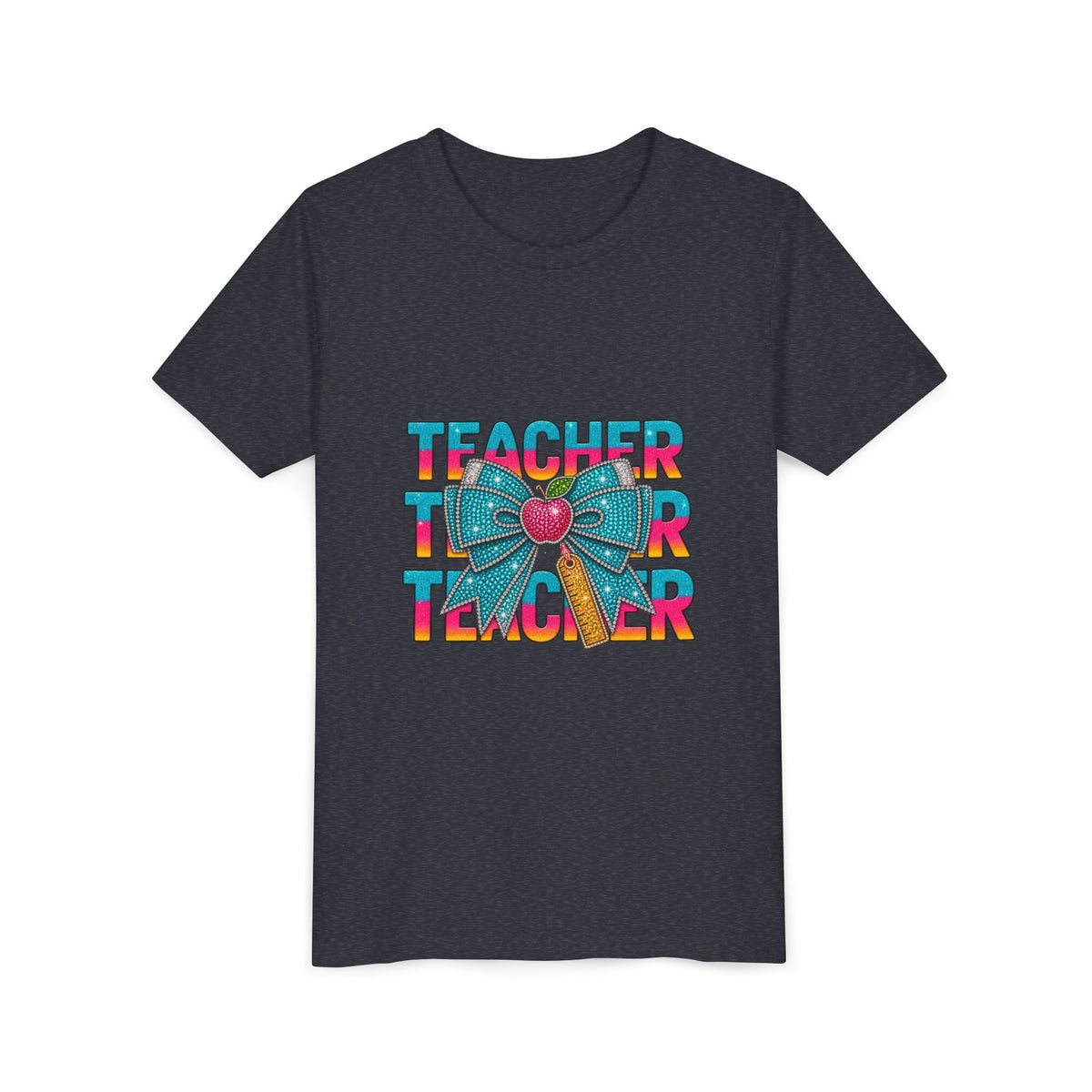 Youth Teacher Tee — Colorful Retro "Teacher" Text with Bow Pencil Graphic