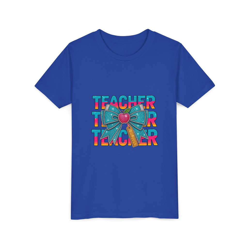 Youth Teacher Tee — Colorful Retro "Teacher" Text with Bow Pencil Graphic