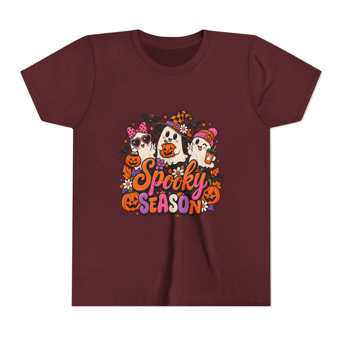 Youth Halloween Tee - "Spooky Season" Ghosts & Pumpkins Graphic Shirt