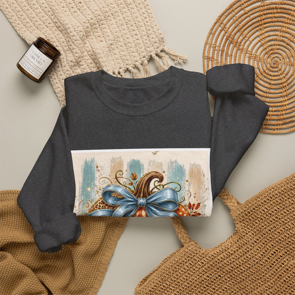 Autumn Plaid Pumpkins Crewneck Sweatshirt — Cozy Fall Pumpkin Art Pullover