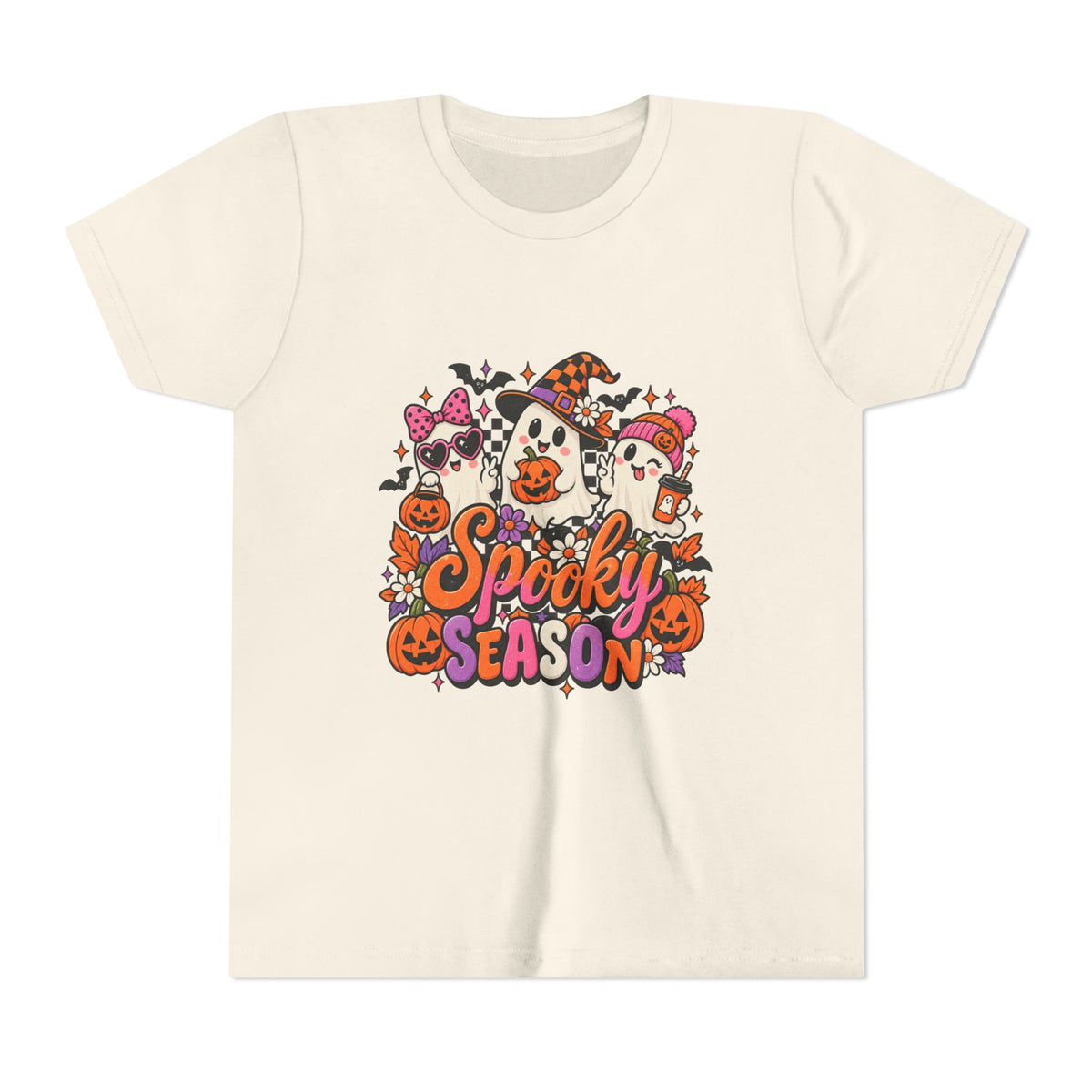 Youth Halloween Tee - "Spooky Season" Ghosts & Pumpkins Graphic Shirt