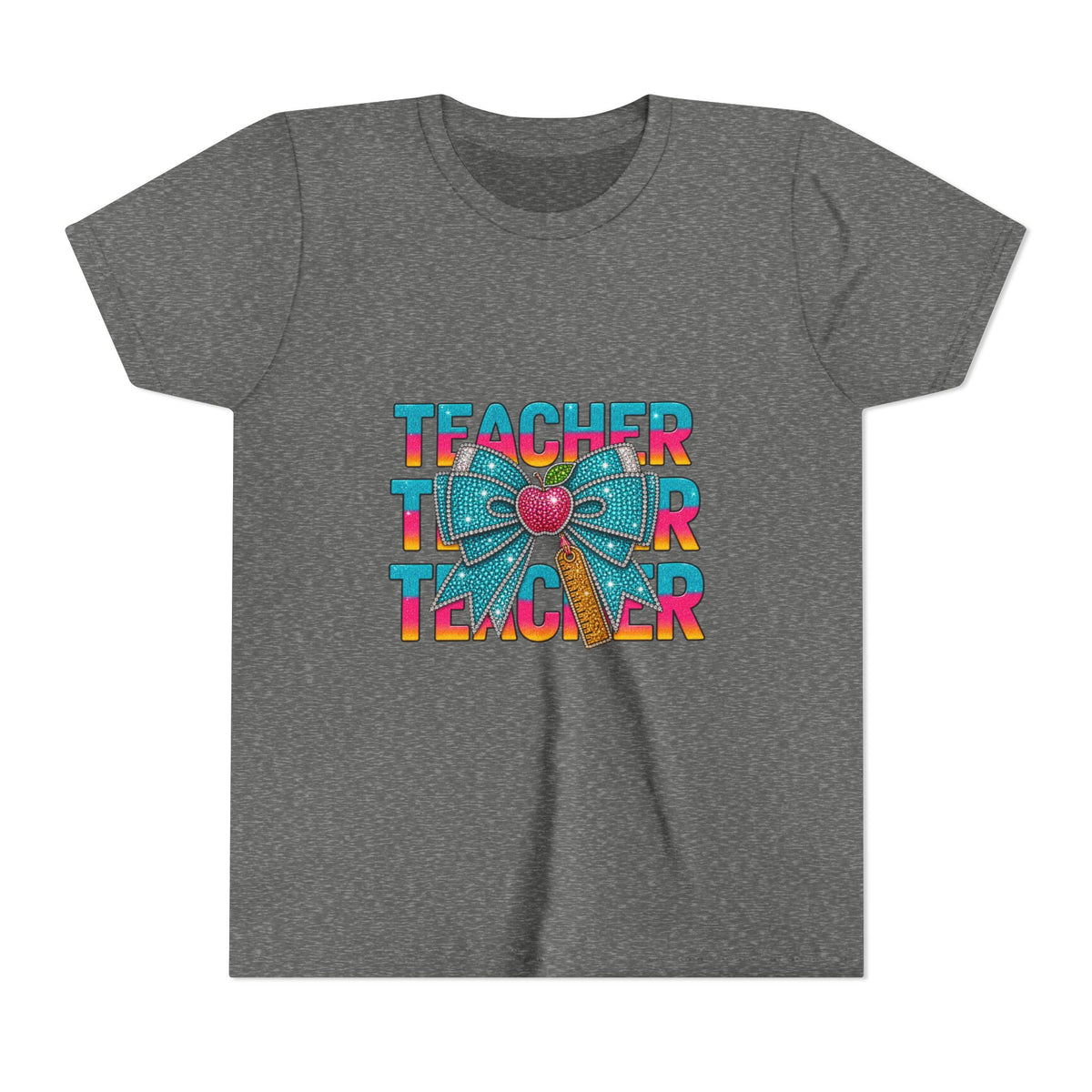 Youth Teacher Tee — Colorful Retro "Teacher" Text with Bow Pencil Graphic