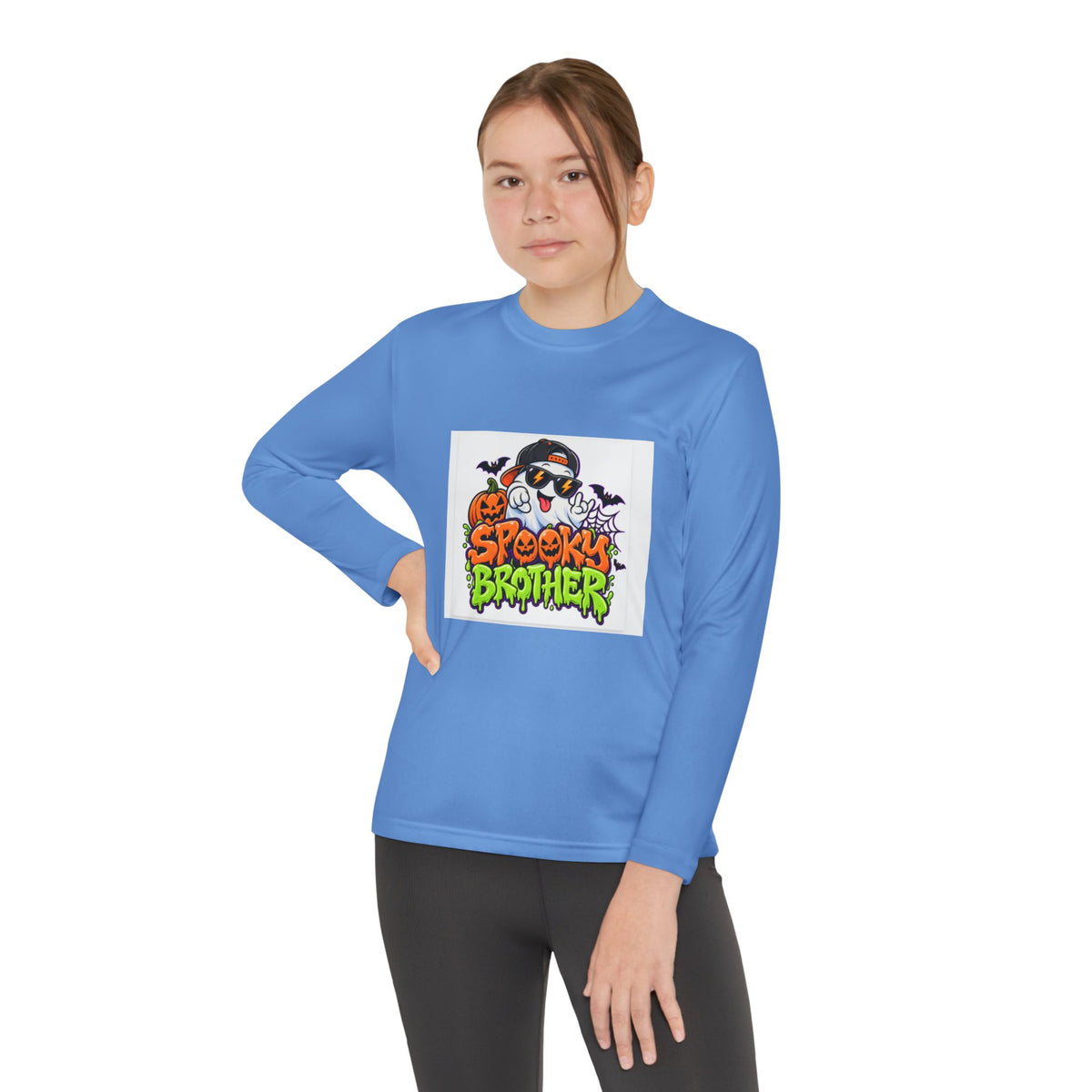 Youth Long Sleeve Tee — "Spooky Brother" Halloween Ghost Graphic