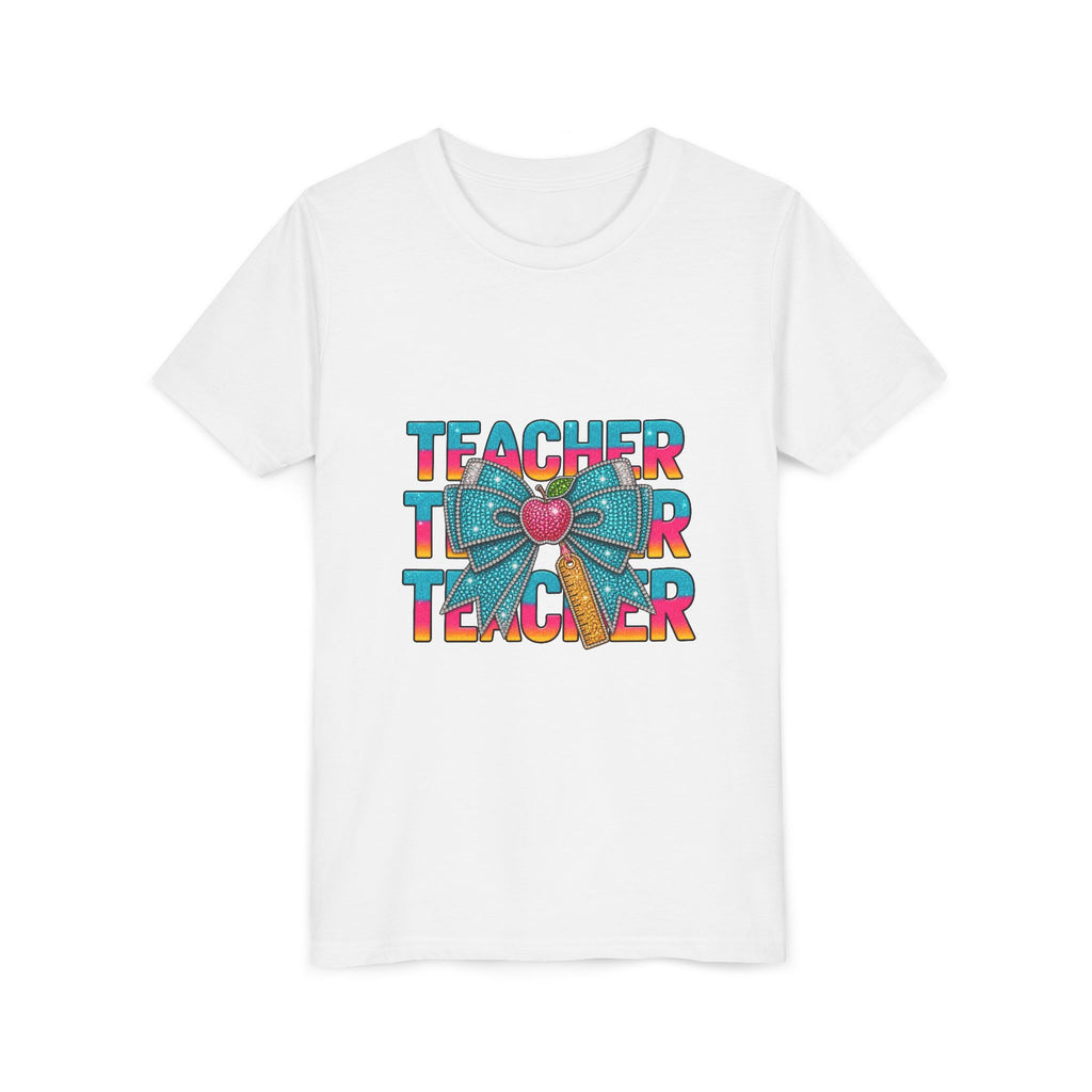 Youth Teacher Tee — Colorful Retro "Teacher" Text with Bow Pencil Graphic