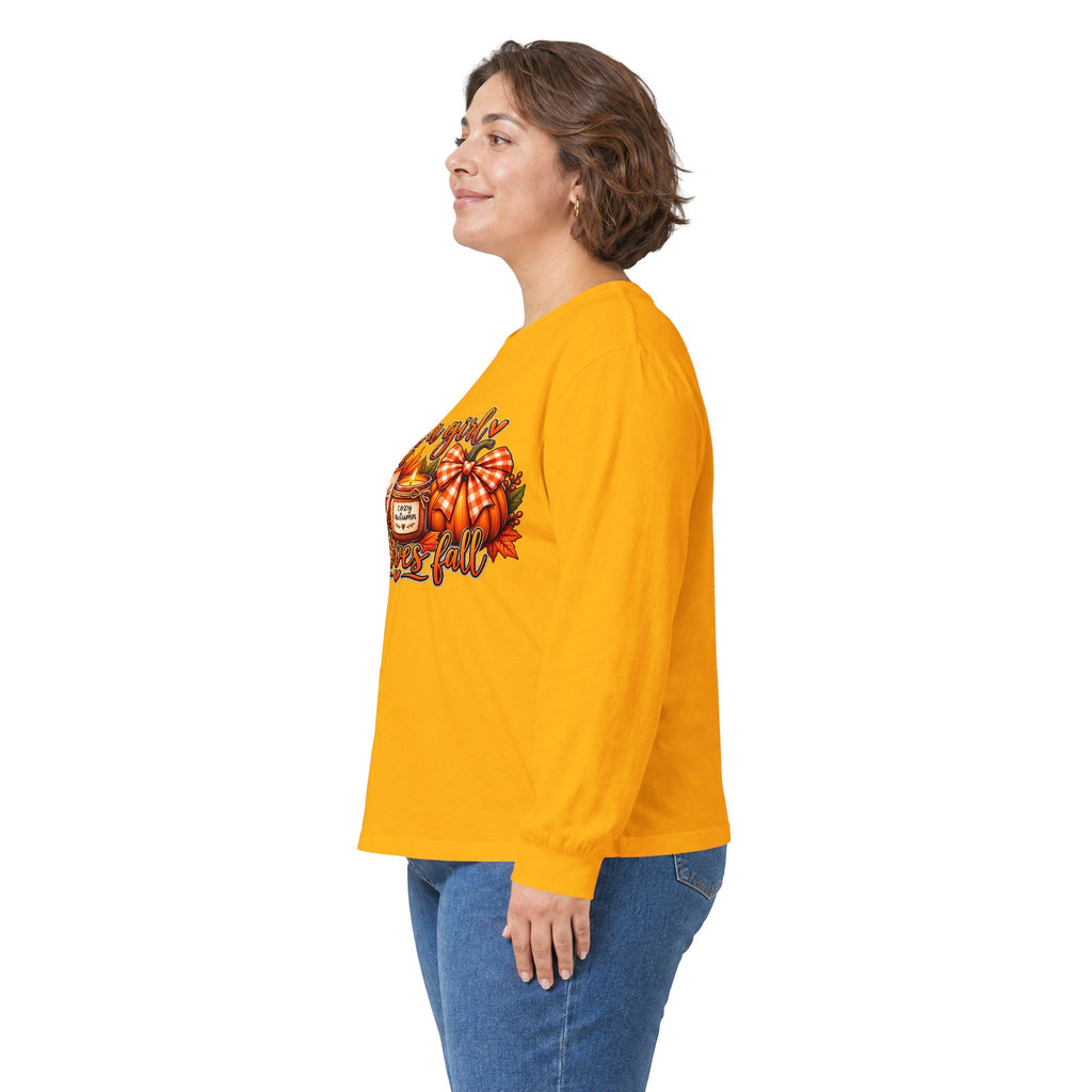 Just a Girl Who Loves Fall Long Sleeve Tee — Cozy Pumpkin & Coffee Autumn Shirt