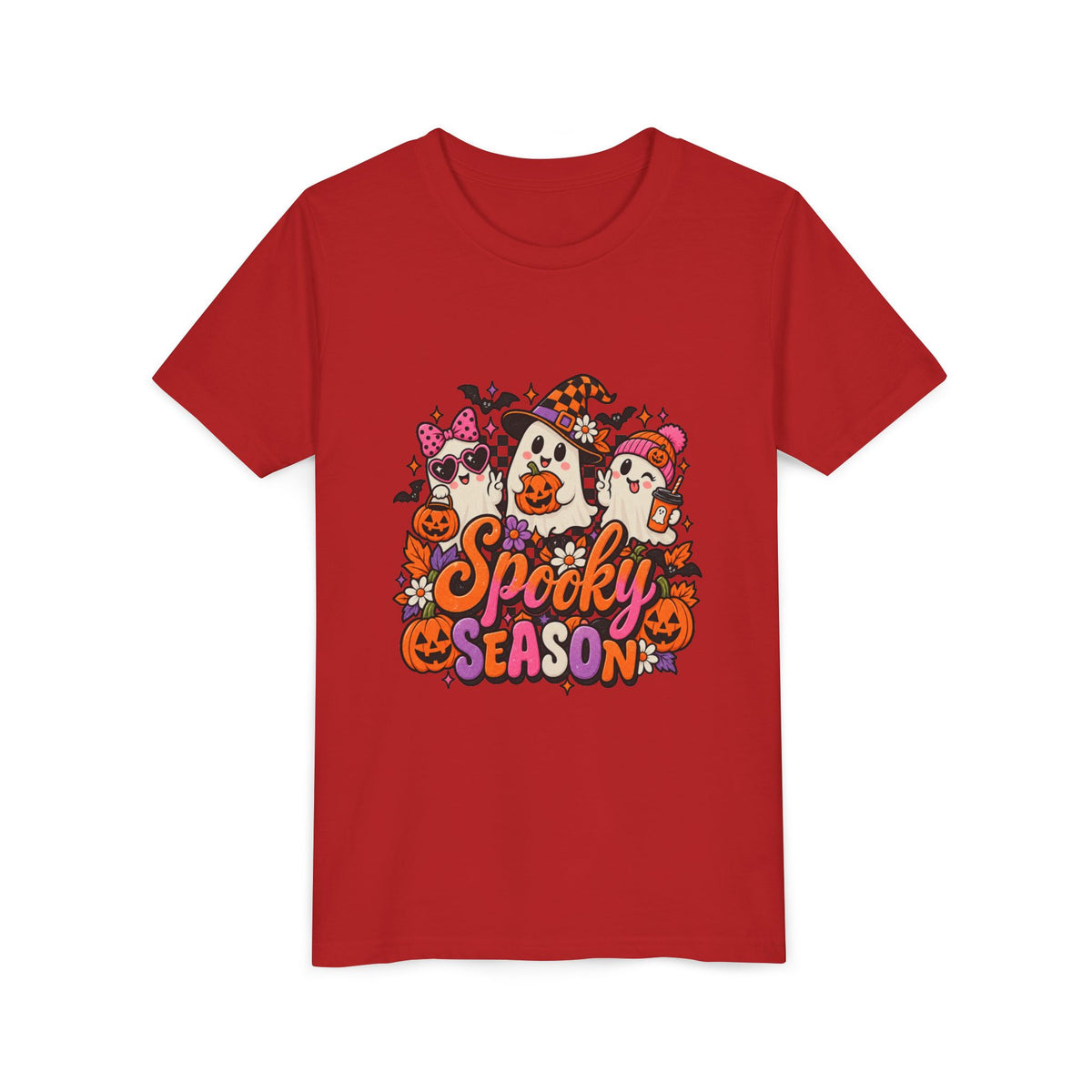 Youth Halloween Tee - "Spooky Season" Ghosts & Pumpkins Graphic Shirt