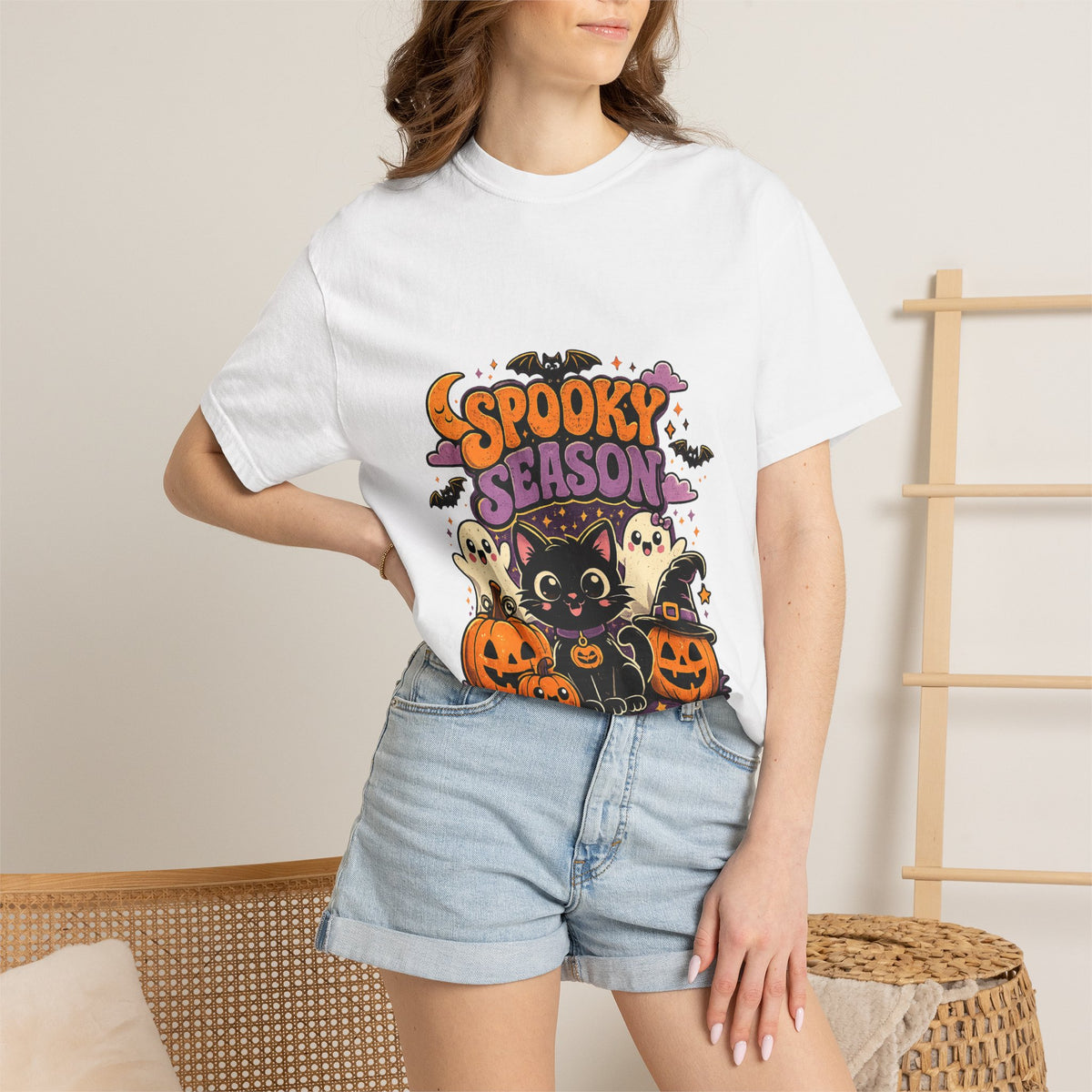 Spooky Season Halloween T-Shirt — Cute Black Cat, Ghosts & Jack-O’-Lanterns