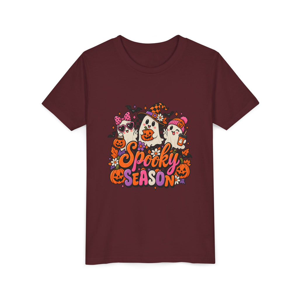 Youth Halloween Tee - "Spooky Season" Ghosts & Pumpkins Graphic Shirt