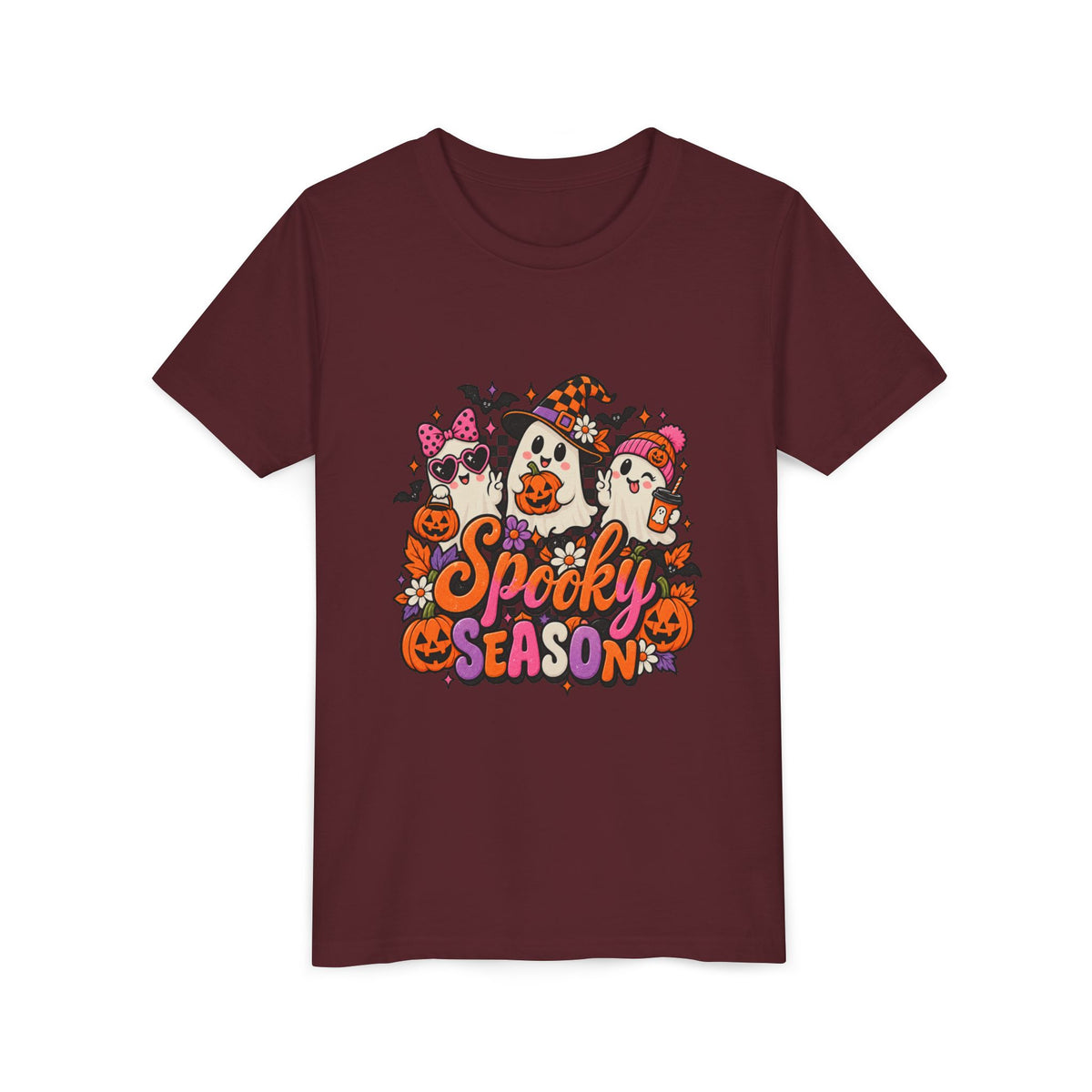 Youth Halloween Tee - "Spooky Season" Ghosts & Pumpkins Graphic Shirt