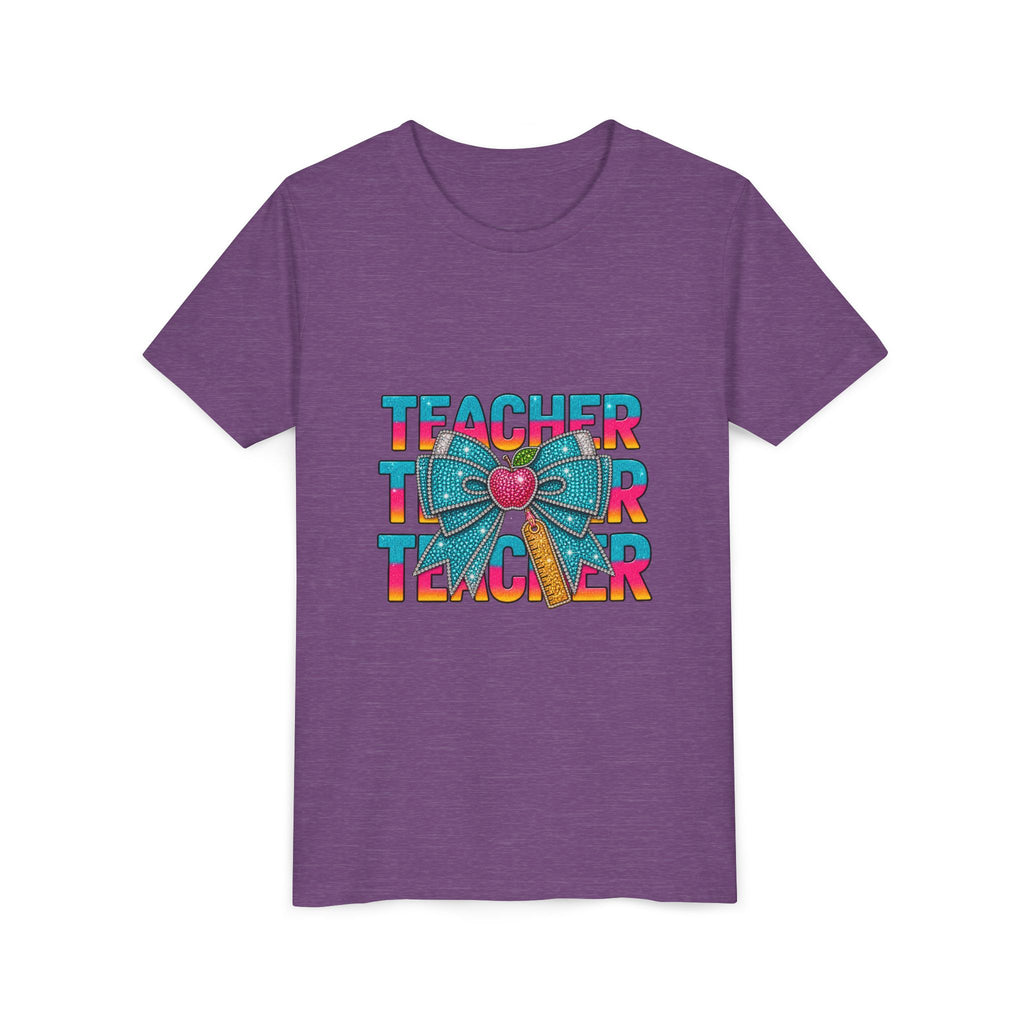 Youth Teacher Tee — Colorful Retro "Teacher" Text with Bow Pencil Graphic