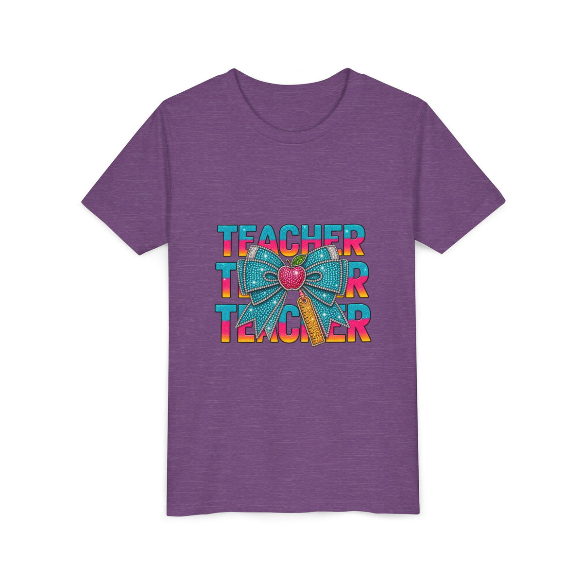 Youth Teacher Tee — Colorful Retro "Teacher" Text with Bow Pencil Graphic