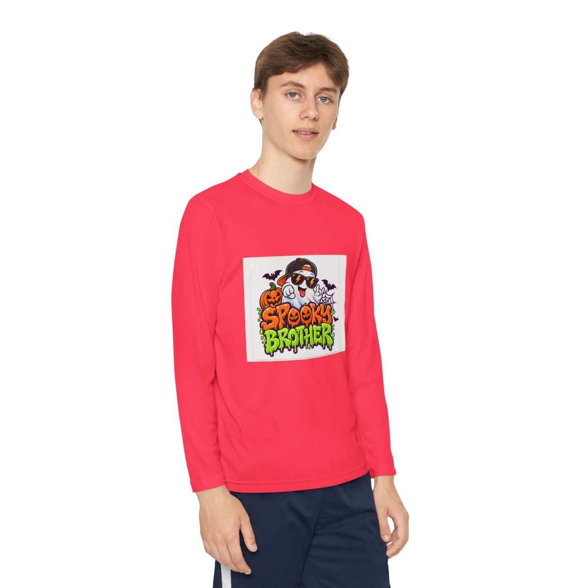 Youth Long Sleeve Tee — "Spooky Brother" Halloween Ghost Graphic