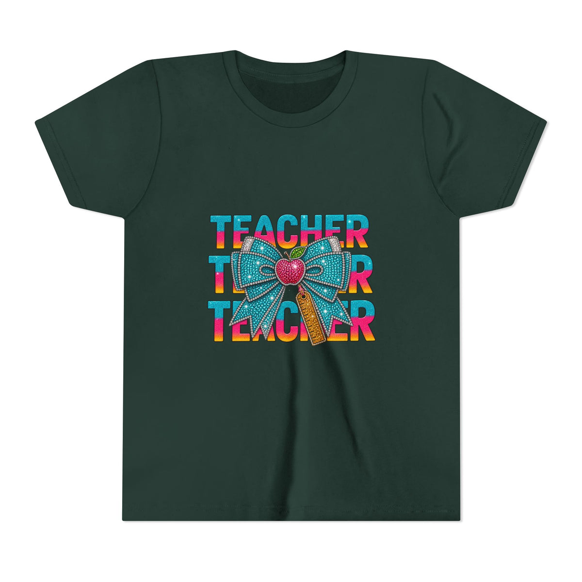 Youth Teacher Tee — Colorful Retro "Teacher" Text with Bow Pencil Graphic