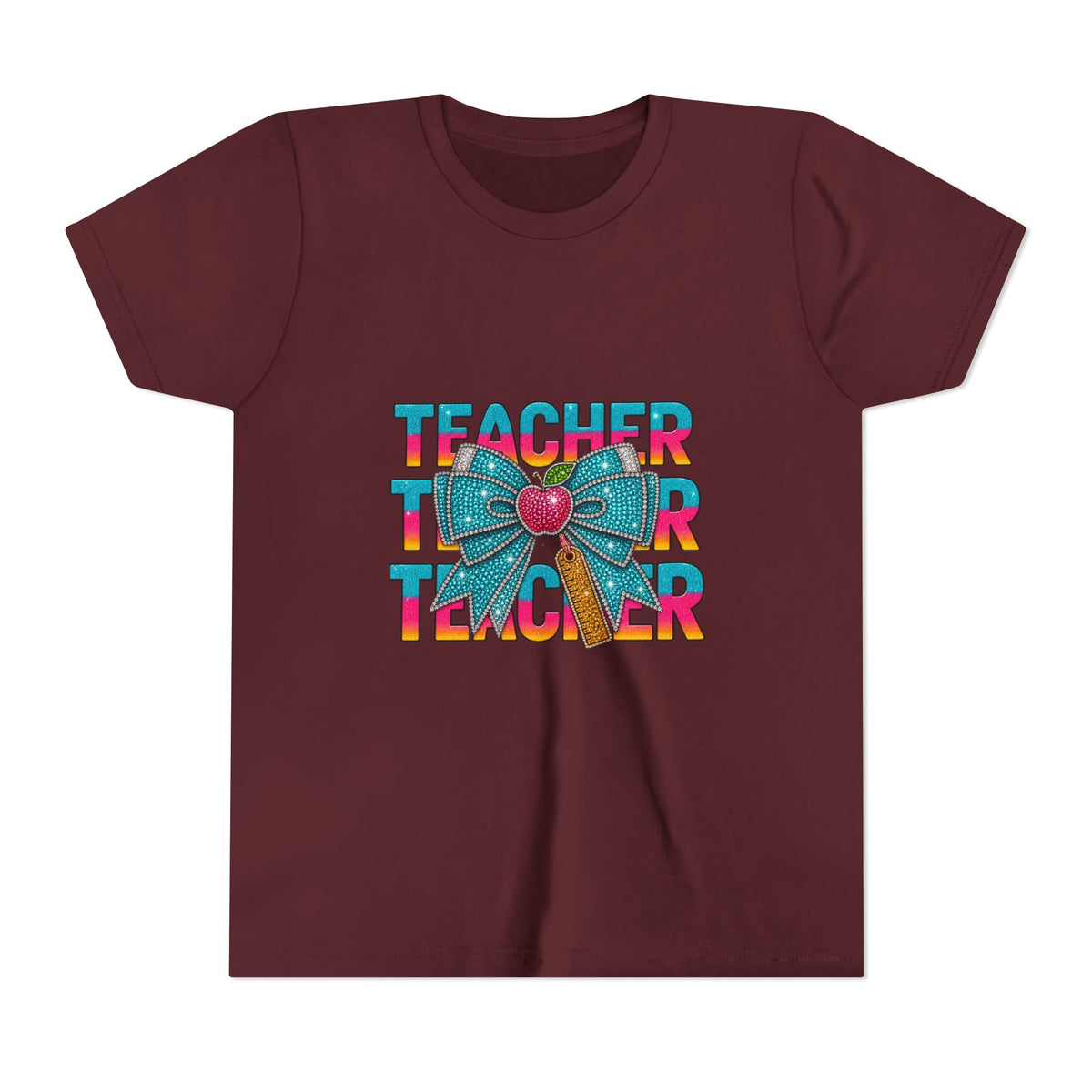 Youth Teacher Tee — Colorful Retro "Teacher" Text with Bow Pencil Graphic
