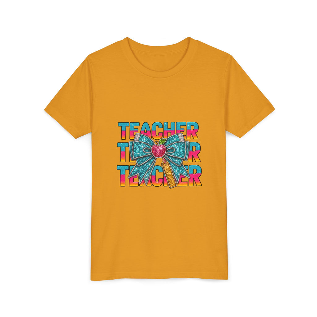 Youth Teacher Tee — Colorful Retro "Teacher" Text with Bow Pencil Graphic
